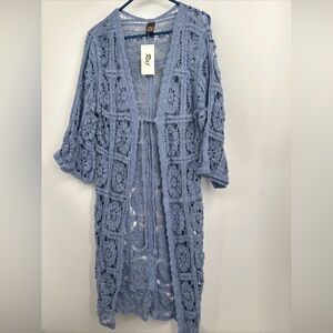 Anthropologie Raj Blue Crochet Cardigan Kimono Duster One Size